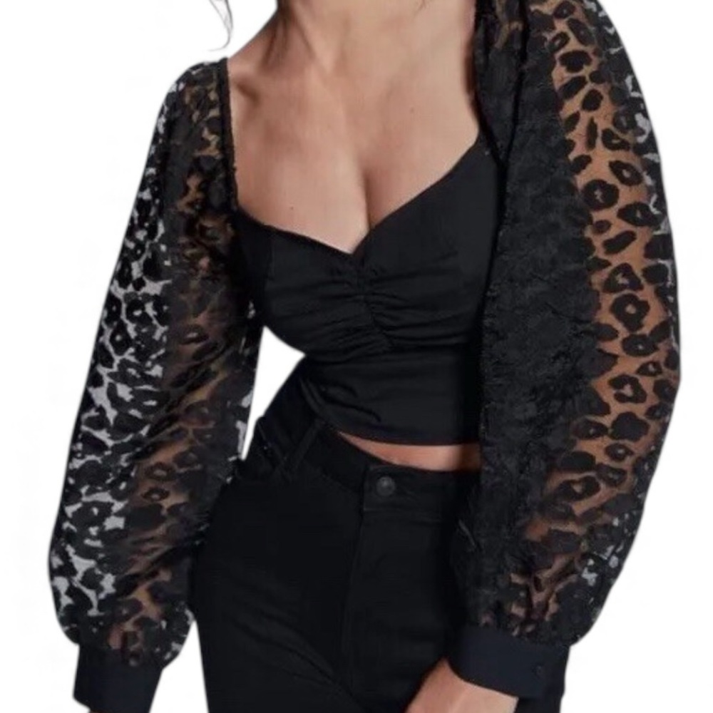 💐ZARA Cropped Contrasting Organza Puffy Sleeves Top in Black Size XS